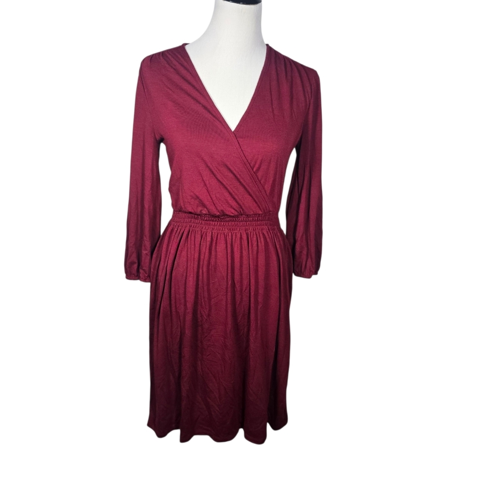 Old Navy Small Petite Long Sleeve Burgundy Faux Wrap Dress As Is